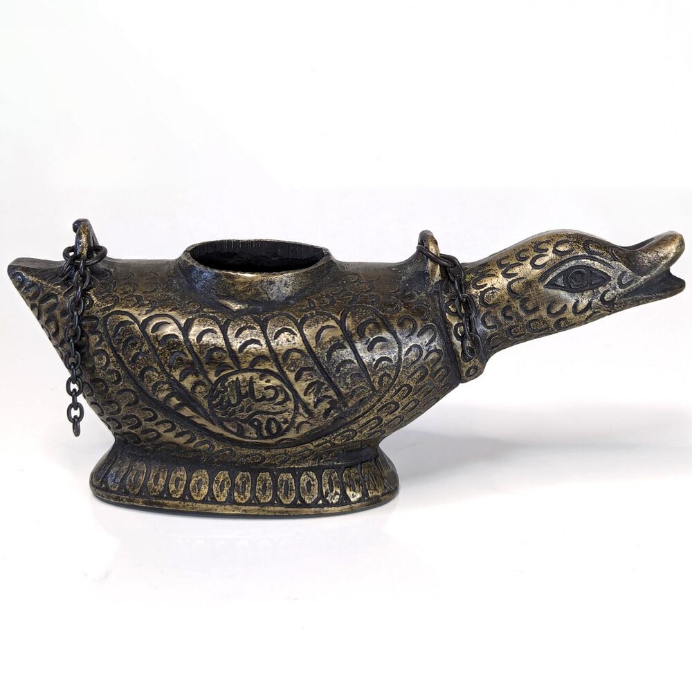Vintage Aged Brass Bird Duck Incense Burner Oil Lamp India Heavy Bronze 6.5"